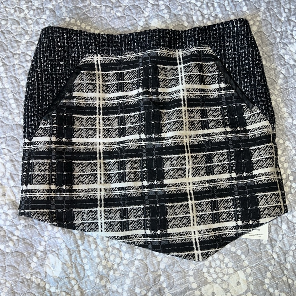 Marissa Webb plaid mini skirt size 2 black white grey wool leather silk